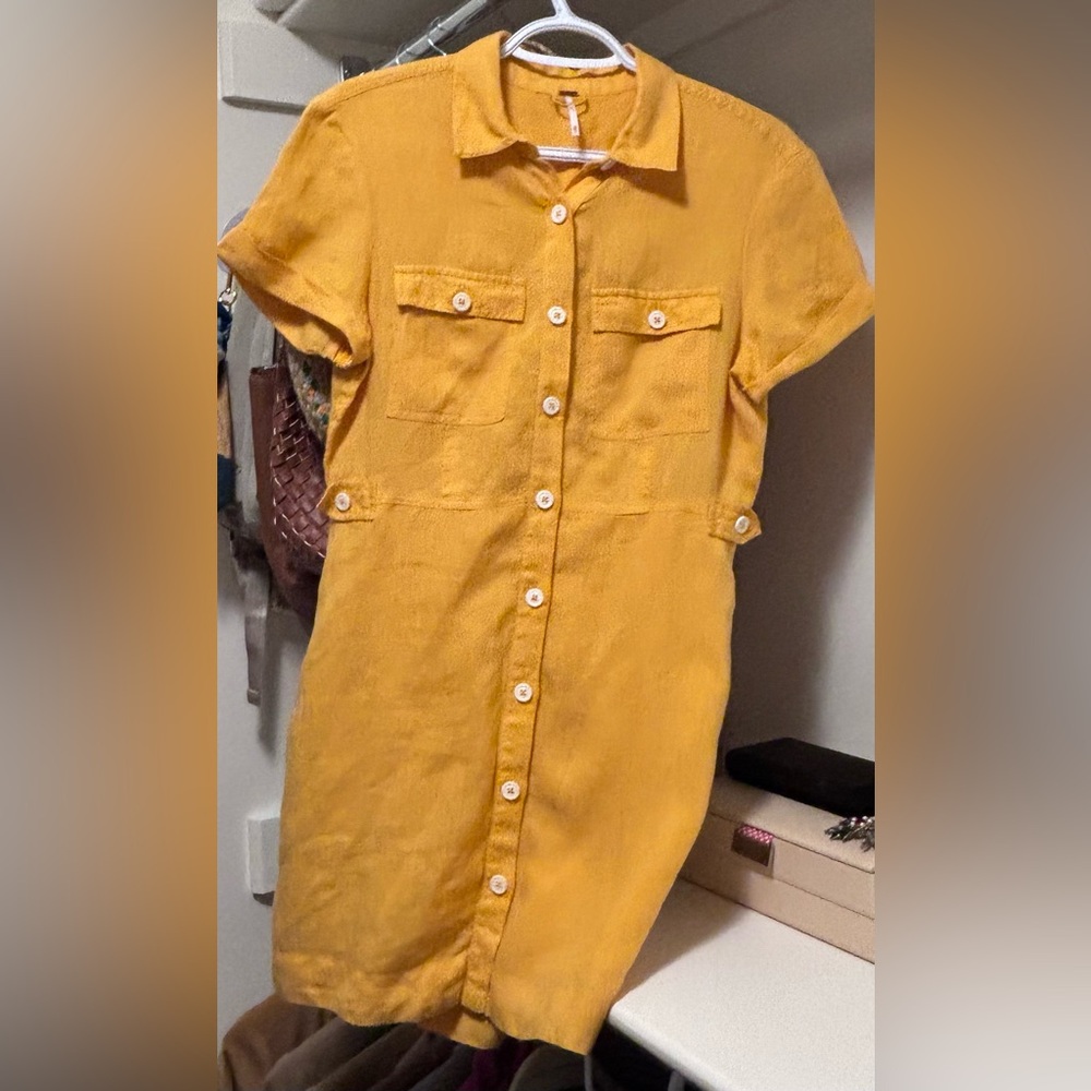 Free People Italian Love Story Yellow Shirt Dress XS linen lined pockets